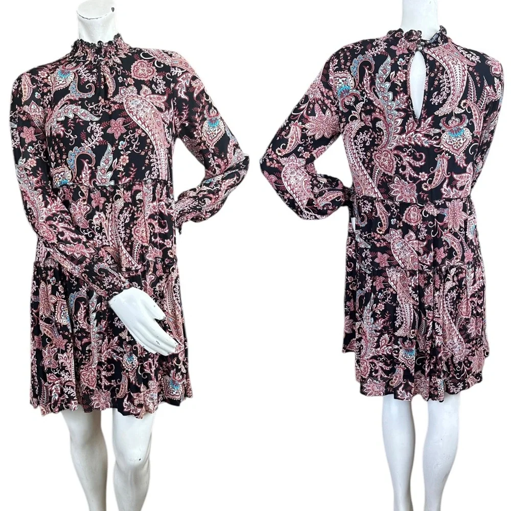 Anthropologie “Cady” Black Paisley Print Long Sleeve Mockneck Babydoll Dress XS
